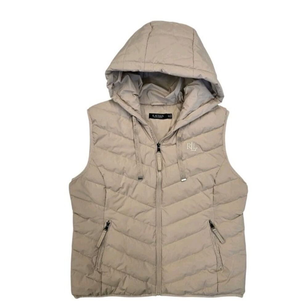 Lauren Ralph Lauren Women's Hooded Puffer Vest Birch Tan XL Preppy Outdoor